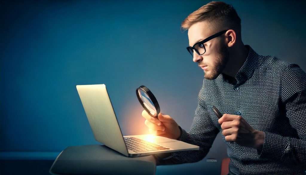 Firefly Uma homem segurando uma lupa olhando para o laptop procurando algo 76048 PPPI Revista INPI: Como acompanhar minha marca? 