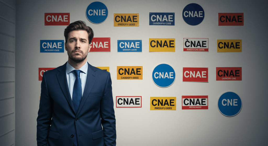 Um empresário confuso ao olhar para uma parede cheia de CNAE