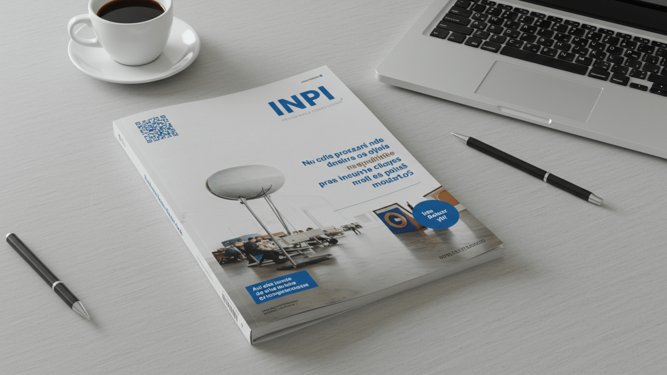 Revista inpi fechada sob uma mesa