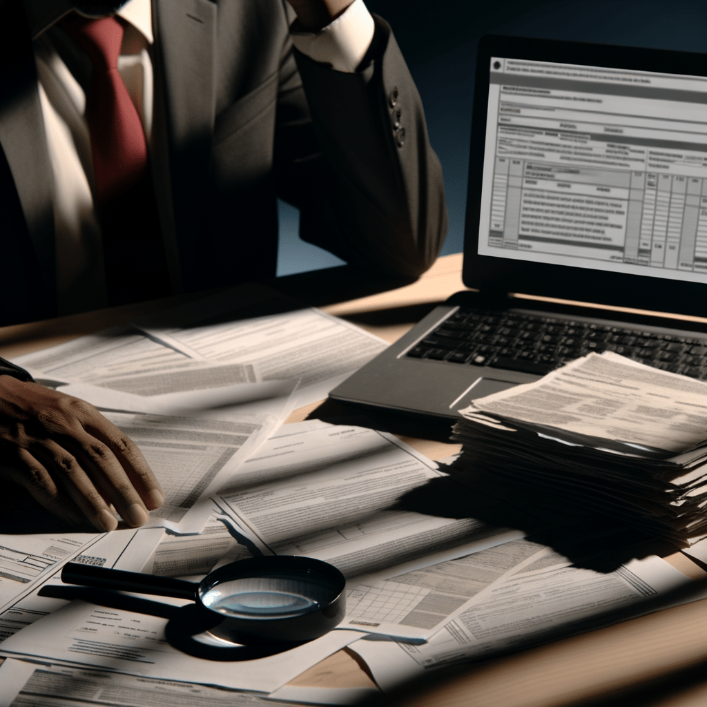 Empresário preocupado em mesa com documentos, checklist, lupa e laptop exibindo formulário do INPI, destacando processos legais.