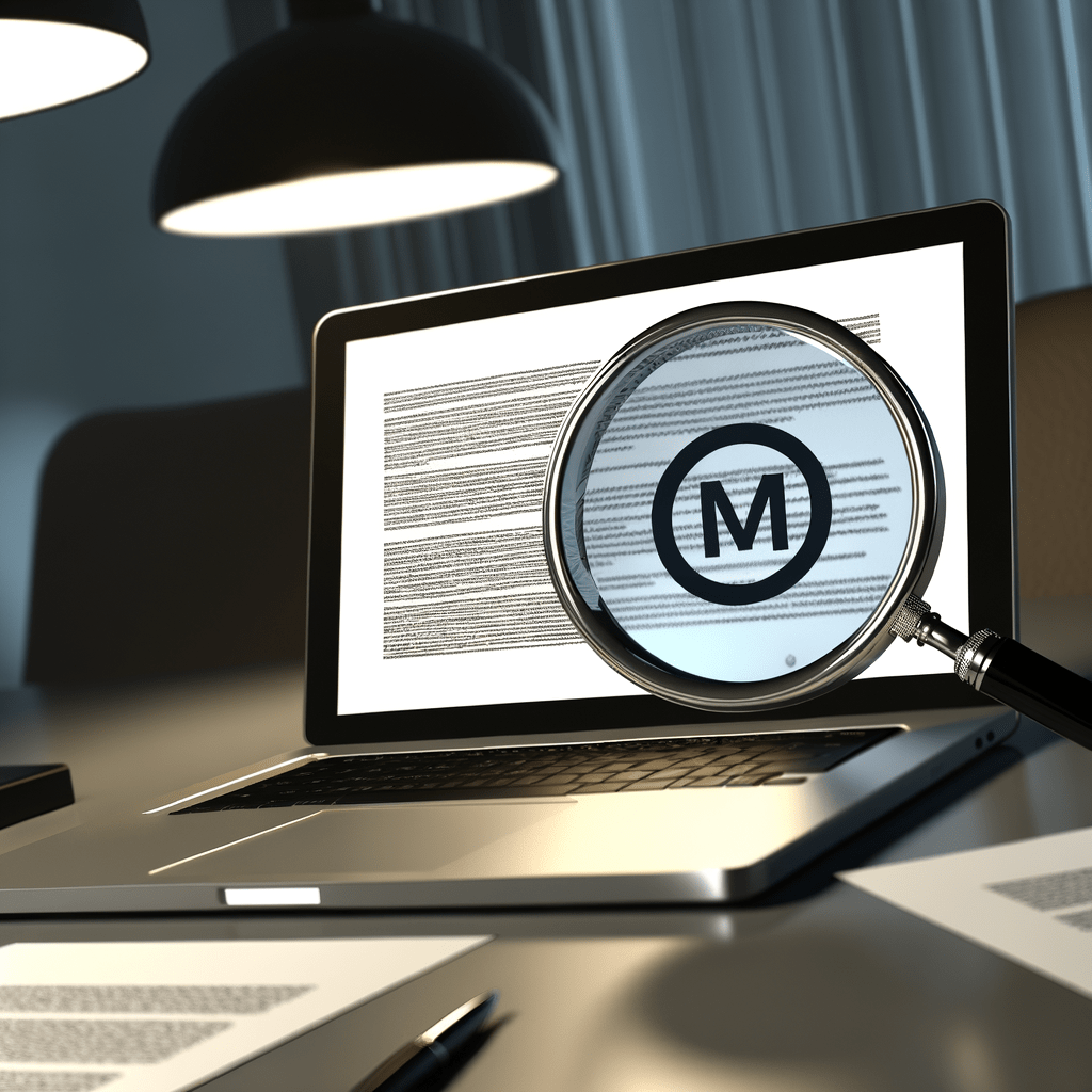 Mesa moderna com laptop exibindo documento jurídico, lupa sobre símbolo de marca registrada e papéis organizados, destacando consulta INPI.