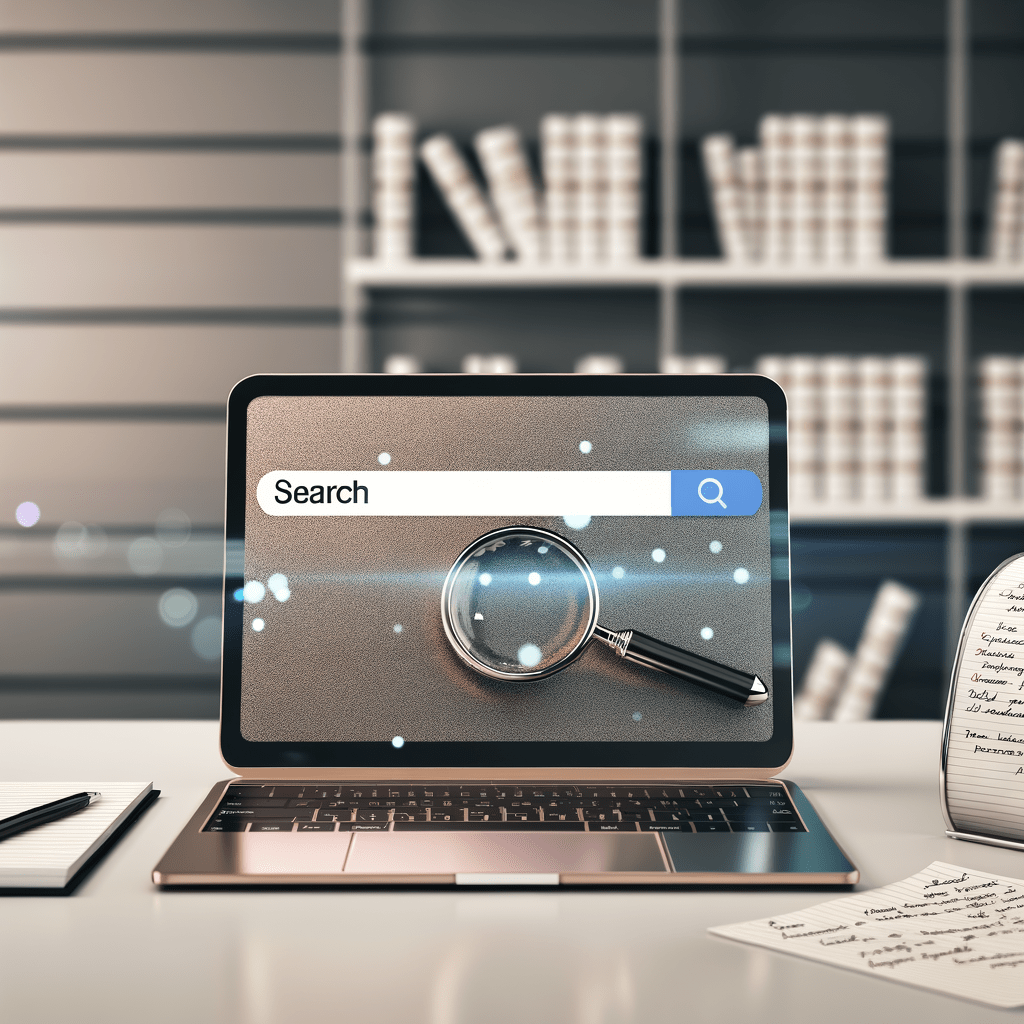 Laptop com interface de busca do INPI em mesa moderna, cercada por documentos legais, lupa e bloco de notas, com livros jurídicos ao fundo.
