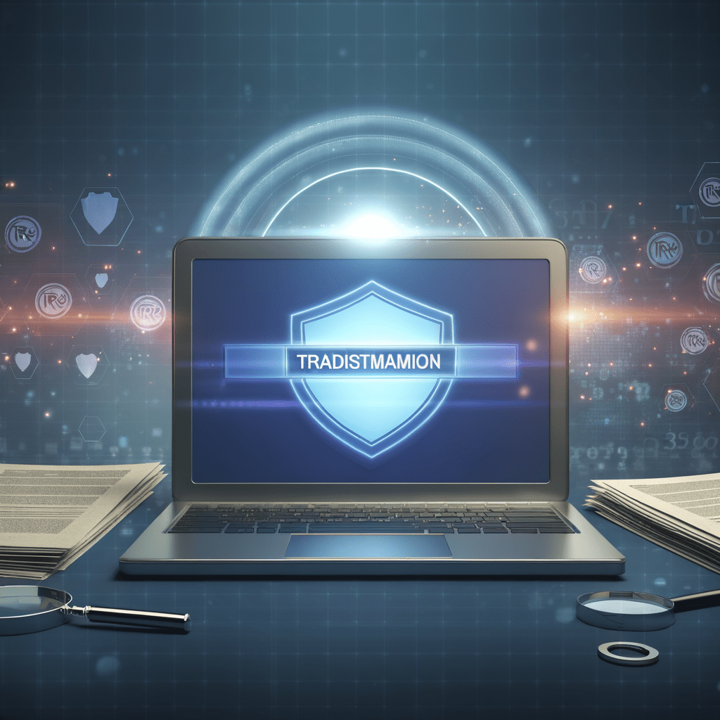 Laptop com formulário de registro de marca digital, documentos e lupa, destacando proteção de marca com ícone de escudo brilhante.