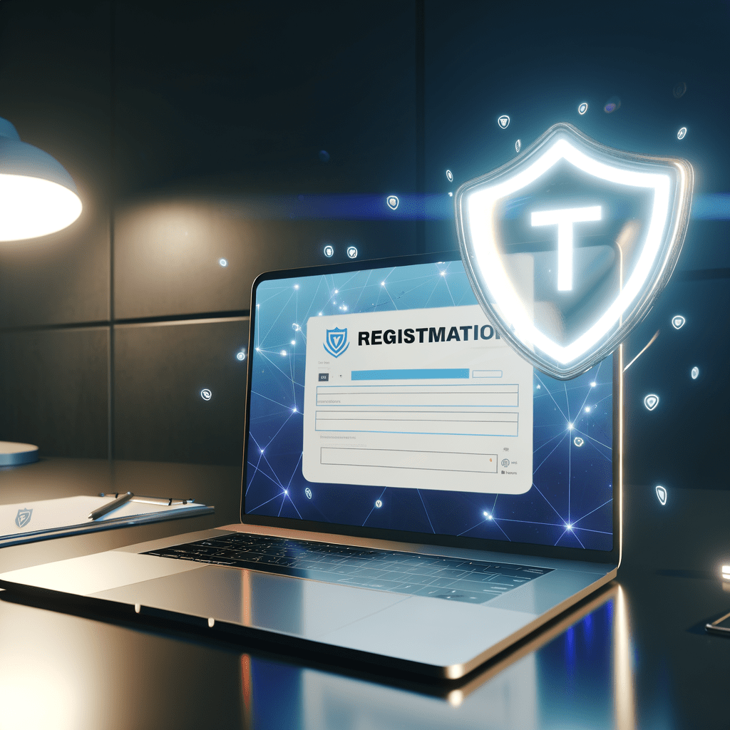 Laptop com formulário de registro de marca digital, ícone holográfico de proteção ao redor, destacando segurança e Classe INPI.