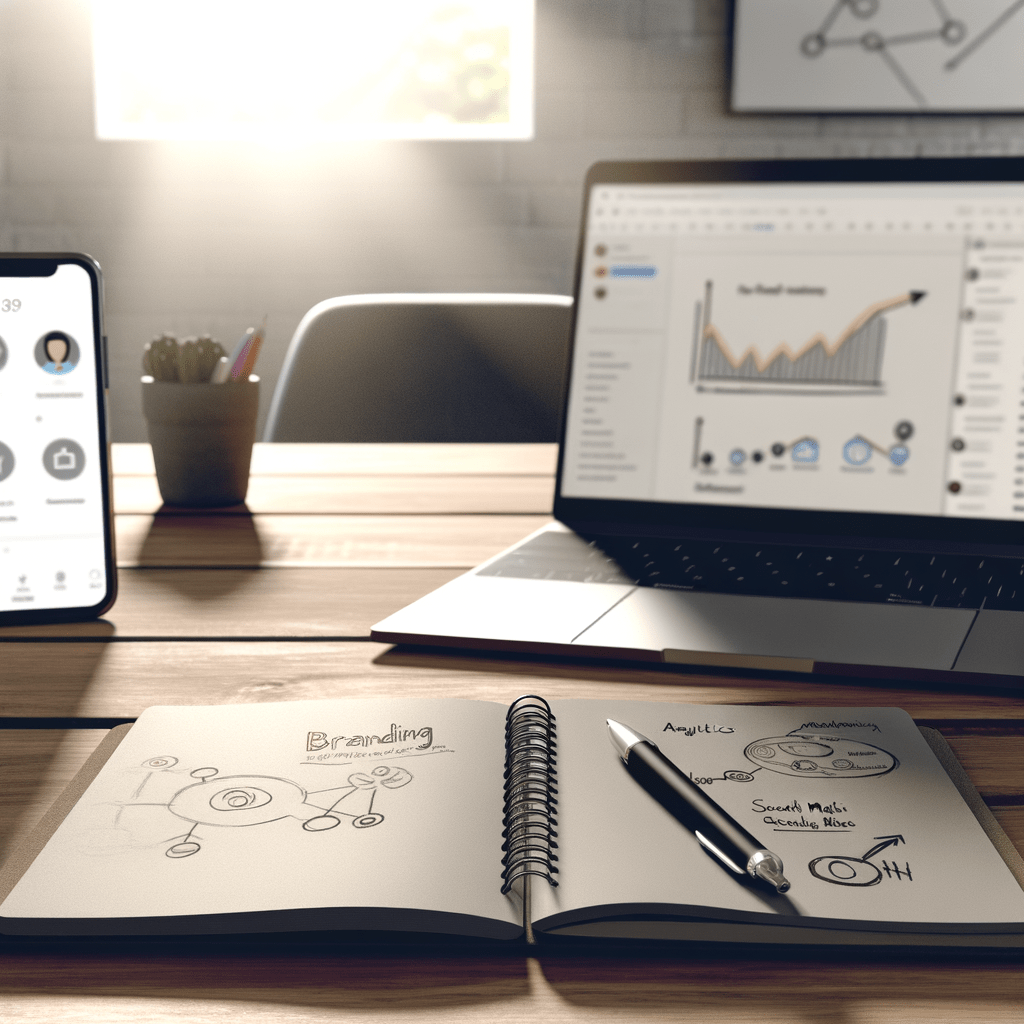 Laptop com gráficos analíticos, smartphone com apps de redes sociais e caderno com esboços de marca em mesa de madeira.