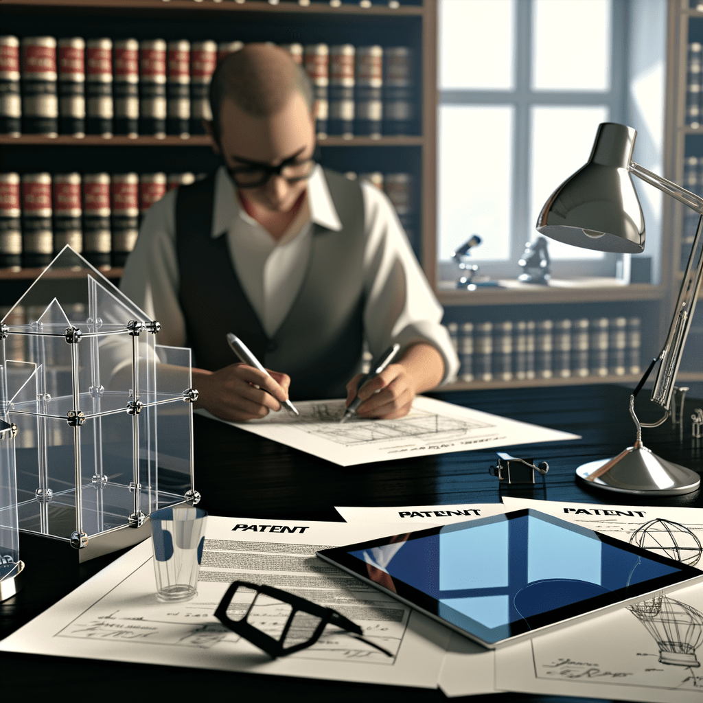 Designer trabalhando em tablet em mesa com documentos de patente, protótipo 3D e livros sobre propriedade intelectual.