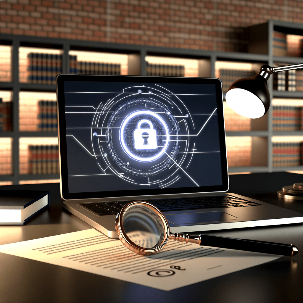 Laptop com símbolo de copyright, lupa sobre documentos legais e ícone de cadeado, destacando proteção de propriedade intelectual.