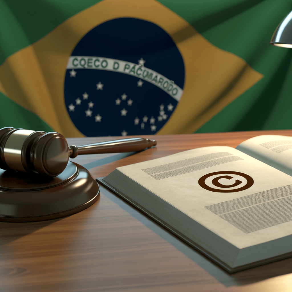 Mesa de escritório jurídico com martelo, livro de leis aberto e símbolo de copyright, destacando propriedade intelectual no Brasil.