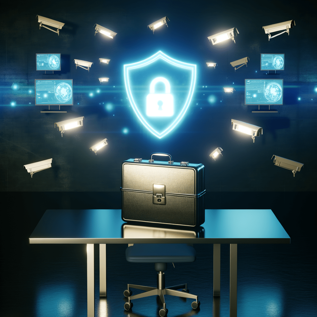 Mesa de escritório com maleta trancada, documentos e símbolo holográfico de escudo, destacando proteção contra violação de propriedade intelectual.