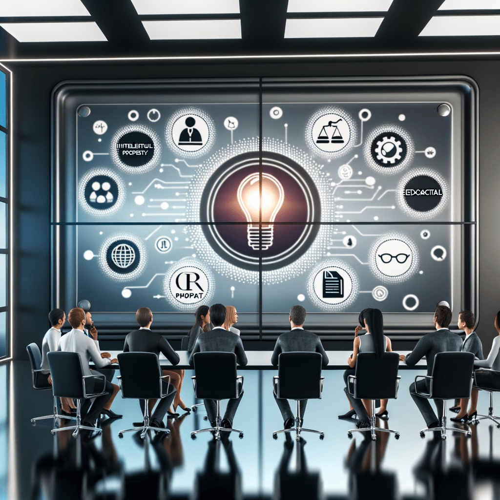 Profissionais discutindo símbolos de propriedade intelectual em tela digital, destacando colaboração e ética.
