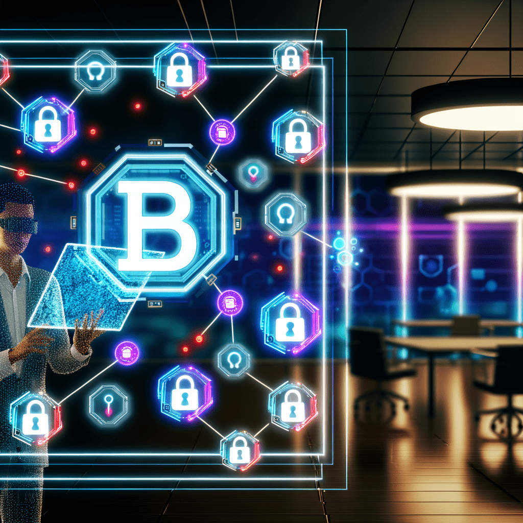 Ambiente futurista com hologramas de blockchain, ícones de IA e cadeados digitais, destacando proteção de propriedade intelectual.