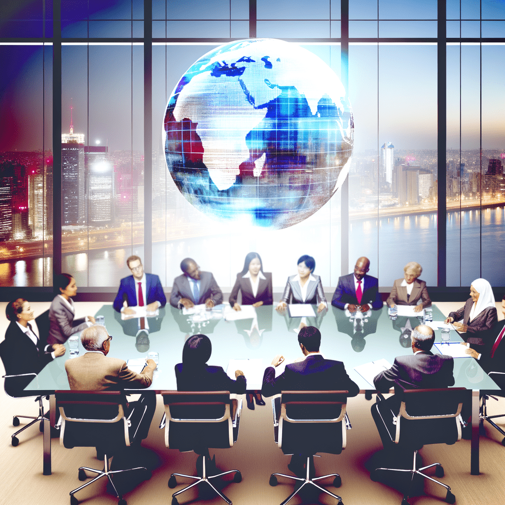 Delegados internacionais discutindo violação de propriedade intelectual ao redor de mesa com holograma de globo em ambiente moderno.