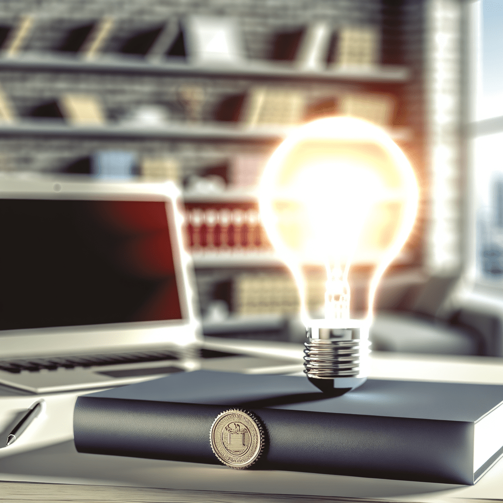 Mesa moderna com laptop exibindo design criativo, documentos legais com selo e lâmpada acesa simbolizando inovação e proteção intelectual.