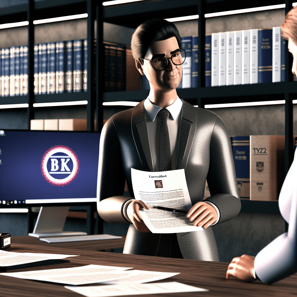Consultor orientando cliente sobre registro de marcas em escritório moderno, com documentos, tela exibindo símbolo de marca registrada e livros jurídicos.