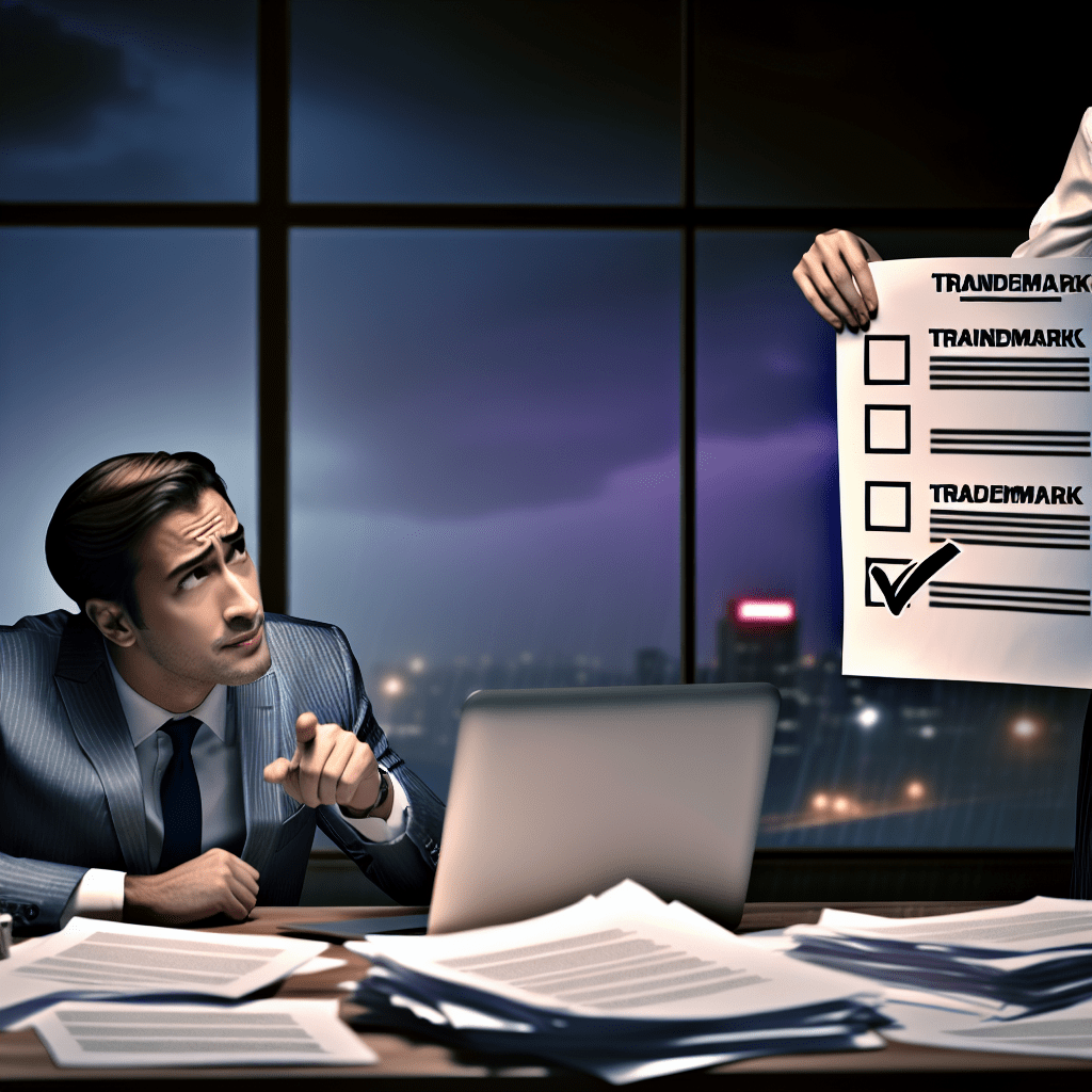 Profissional frustrado revisando documentos de registro de marcas, orientado por colega com checklist claro em escritório moderno.