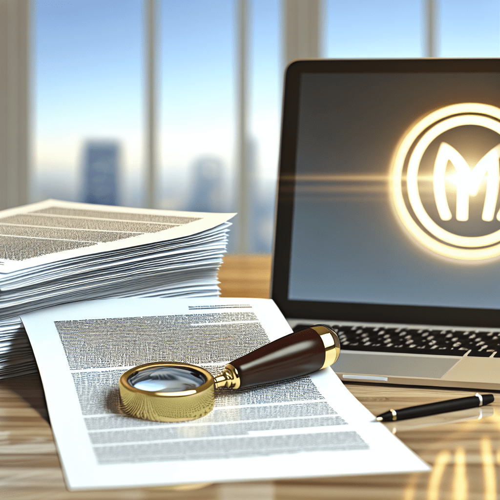 Mesa de escritório com documentos sobre registro de marcas, lupa destacando símbolo de marca registrada e laptop com design de logotipo.