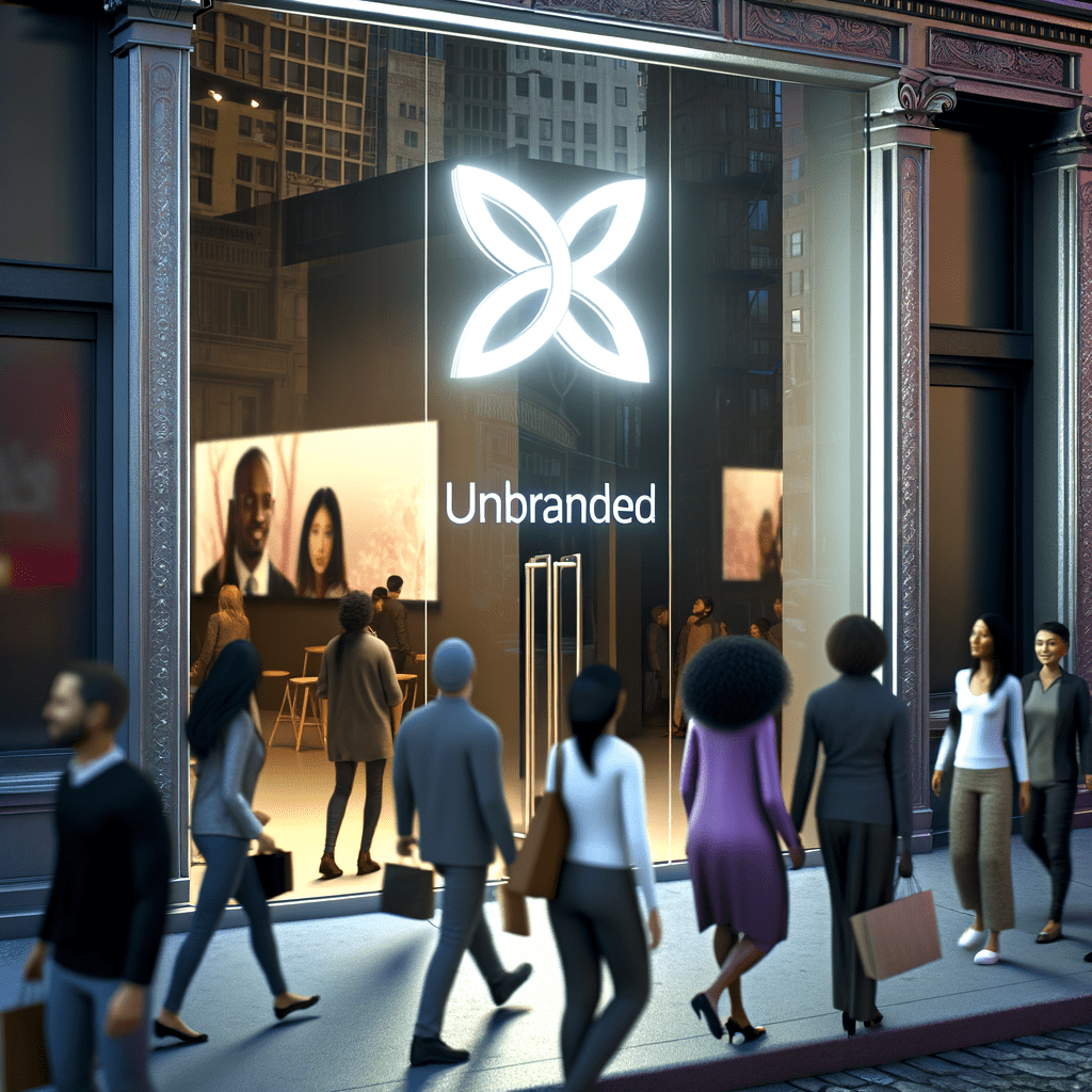 Logo moderno em fachada de vidro elegante, atraindo atenção de pedestres em ambiente urbano, destacando confiança na marca e registro de marca.