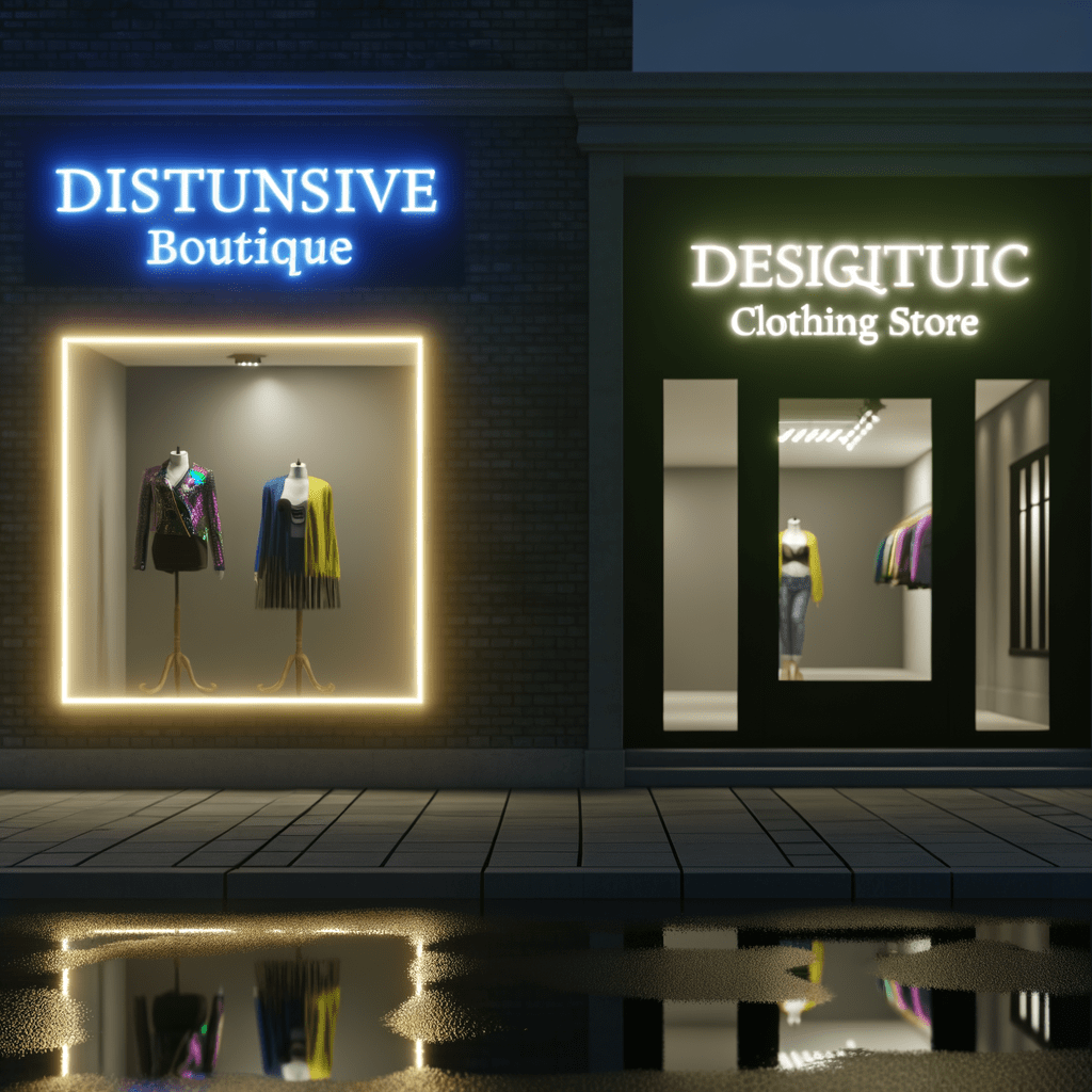 Boutique com nome exclusivo em letreiro neon, destacando-se frente a loja genérica, reforçando a importância do registro de marca.