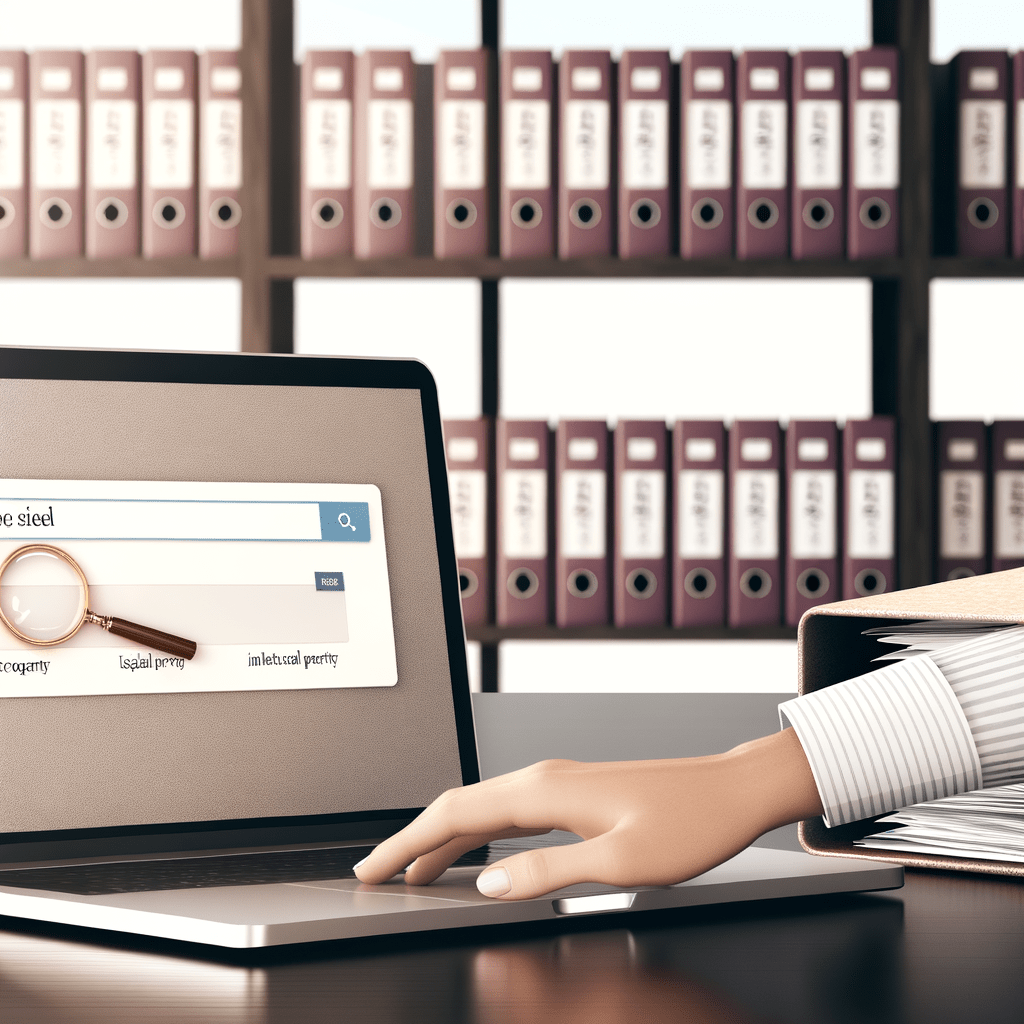 Mãos organizando documentos em mesa com laptop exibindo busca no INPI; estante ao fundo com pastas de 