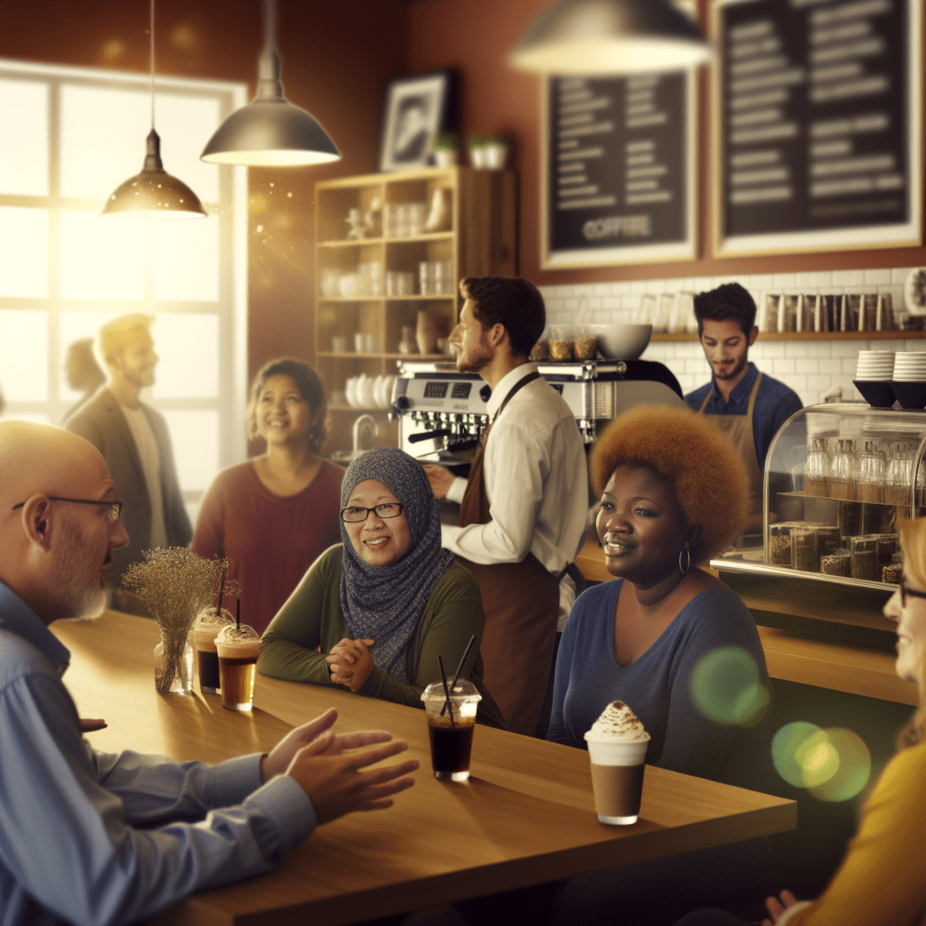 Café acolhedor com pessoas conversando, barista servindo bebidas personalizadas e logotipo destacado em copos e placas. Registro de marca.