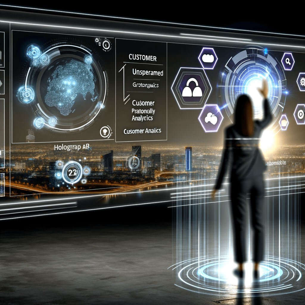 Interface holográfica com elementos de marca e análise de clientes em espaço futurista, destacando inovação e registro de marca.