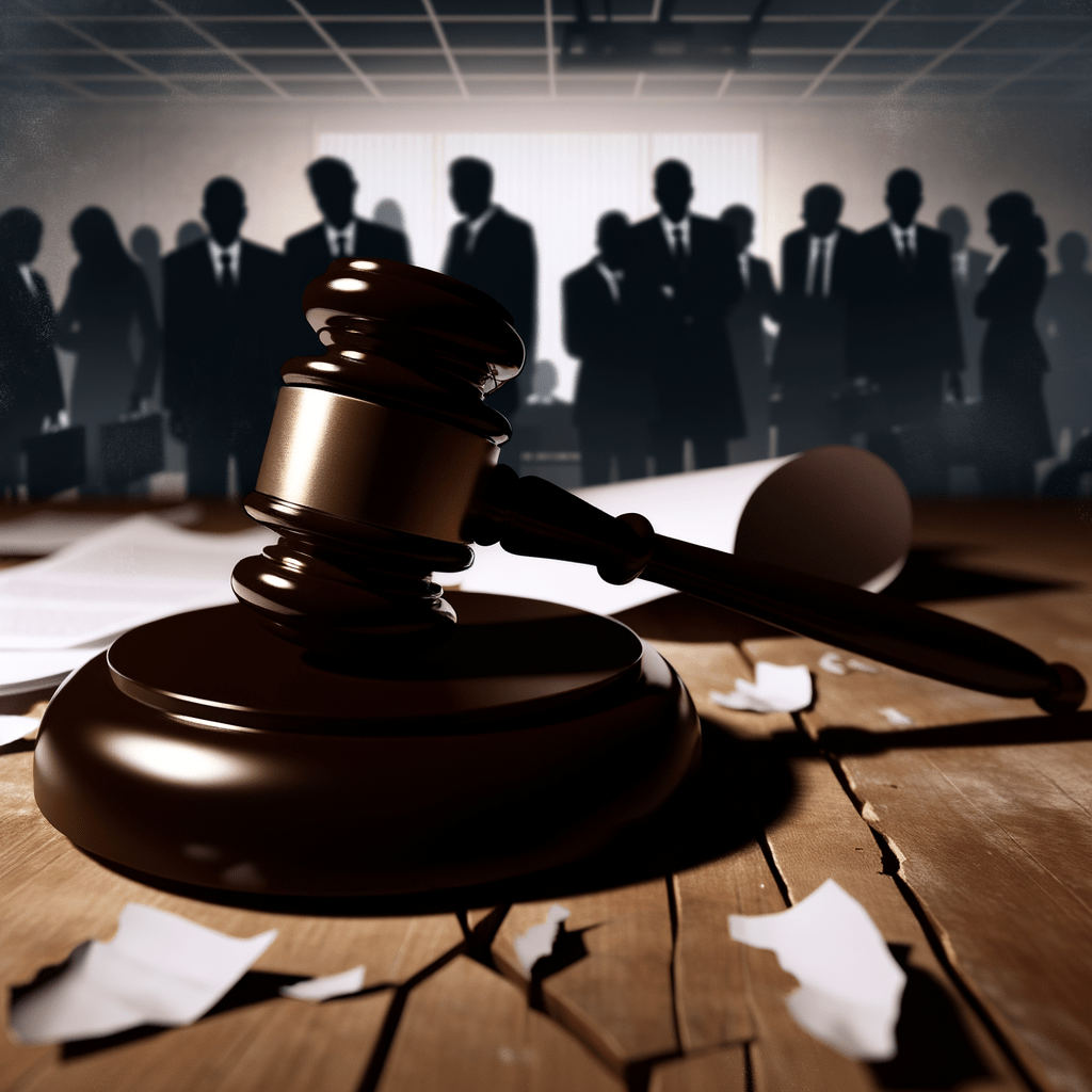 Gavel em mesa rachada em tribunal, simbolizando disputas legais e impacto financeiro. Registro de marca em foco em cenário tenso.