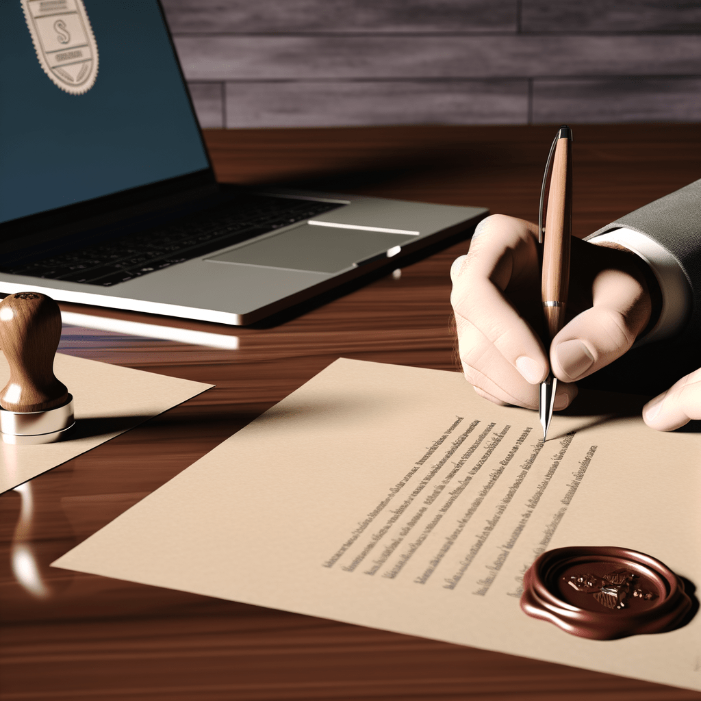 Assinatura de documentos legais em mesa de madeira com selo de cera e formulário de registro de marca no laptop, destacando proteção jurídica.