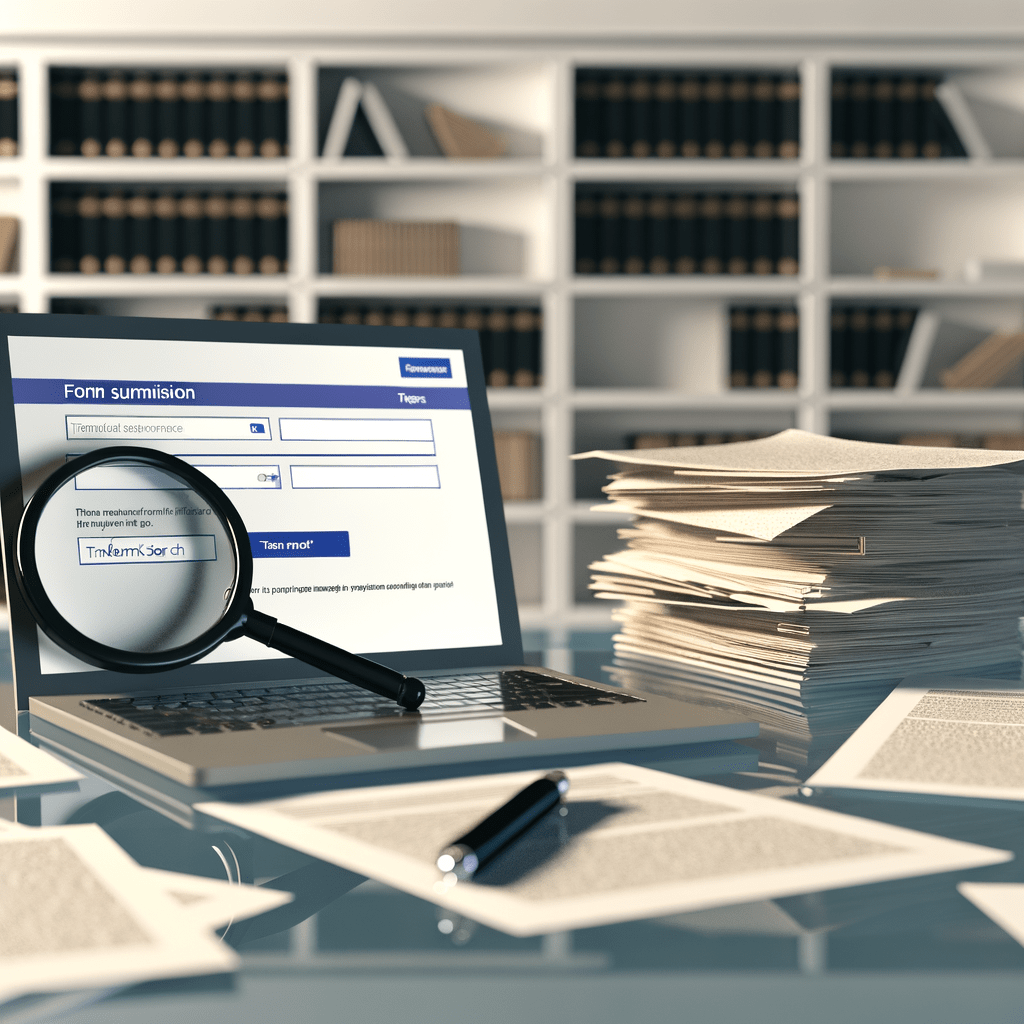 Mesa de trabalho com documentos legais, laptop exibindo formulário do INPI e lupa sobre página de consulta de registro de marca.