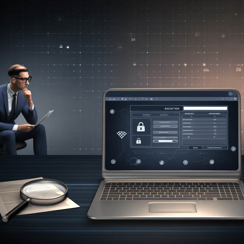 Profissional analisando anúncios online em laptop, com documentos legais e lupa, simbolizando investigação de takedown de anúncios falsos.