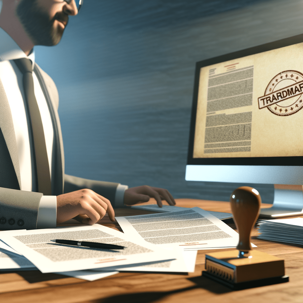 Advogado analisando documentos de registro de marca em mesa organizada, com tela exibindo formulários legais e carimbo de aprovação.