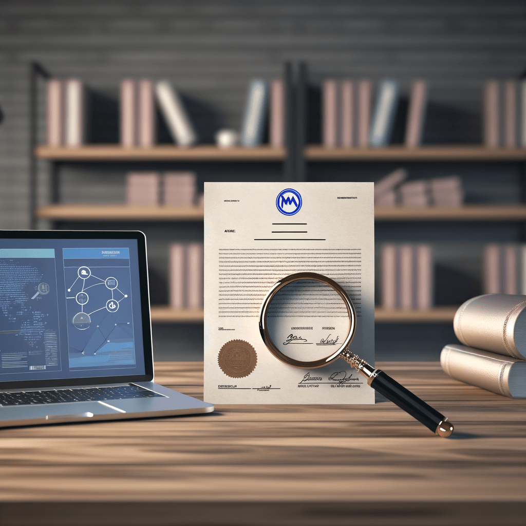 Documentos legais sobre marca com lupa destacando certificado de registro, laptop com painel de monitoramento e fundo com livros jurídicos.