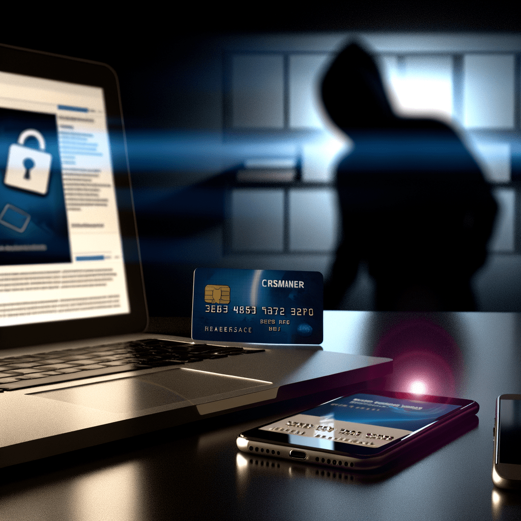 Laptop com e-mail de phishing, celular com atividade suspeita e cartão de crédito em mesa, sugerindo fraude e pirataria.
