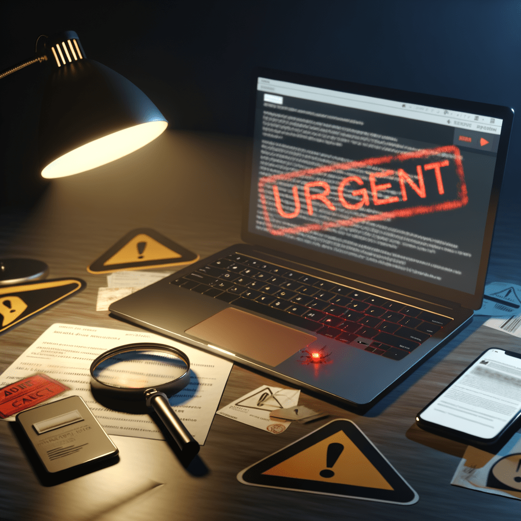 Laptop com e-mail suspeito, celular com solicitação falsa de pagamento e lupa sobre documento marcado como