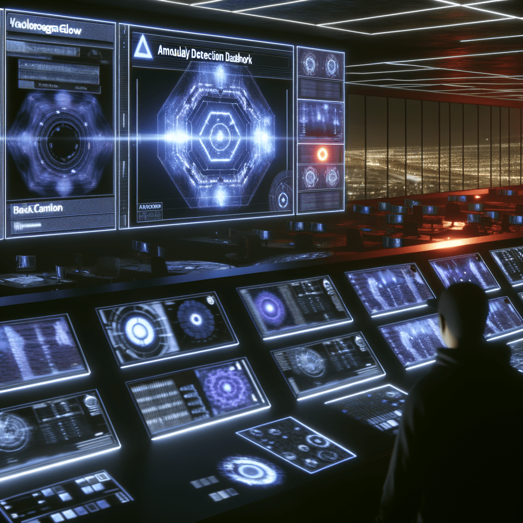 Sala de controle futurista com monitores exibindo dados sobre fraude e pirataria, pessoa analisando dashboard de detecção de anomalias.