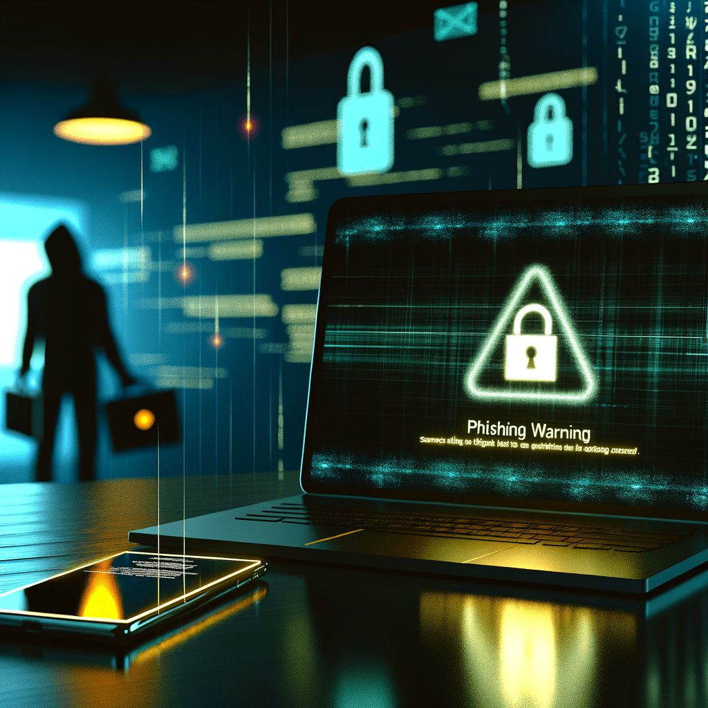 Laptop com alerta de phishing, smartphone com mensagem suspeita e código digital ao fundo, destacando fraude e pirataria.