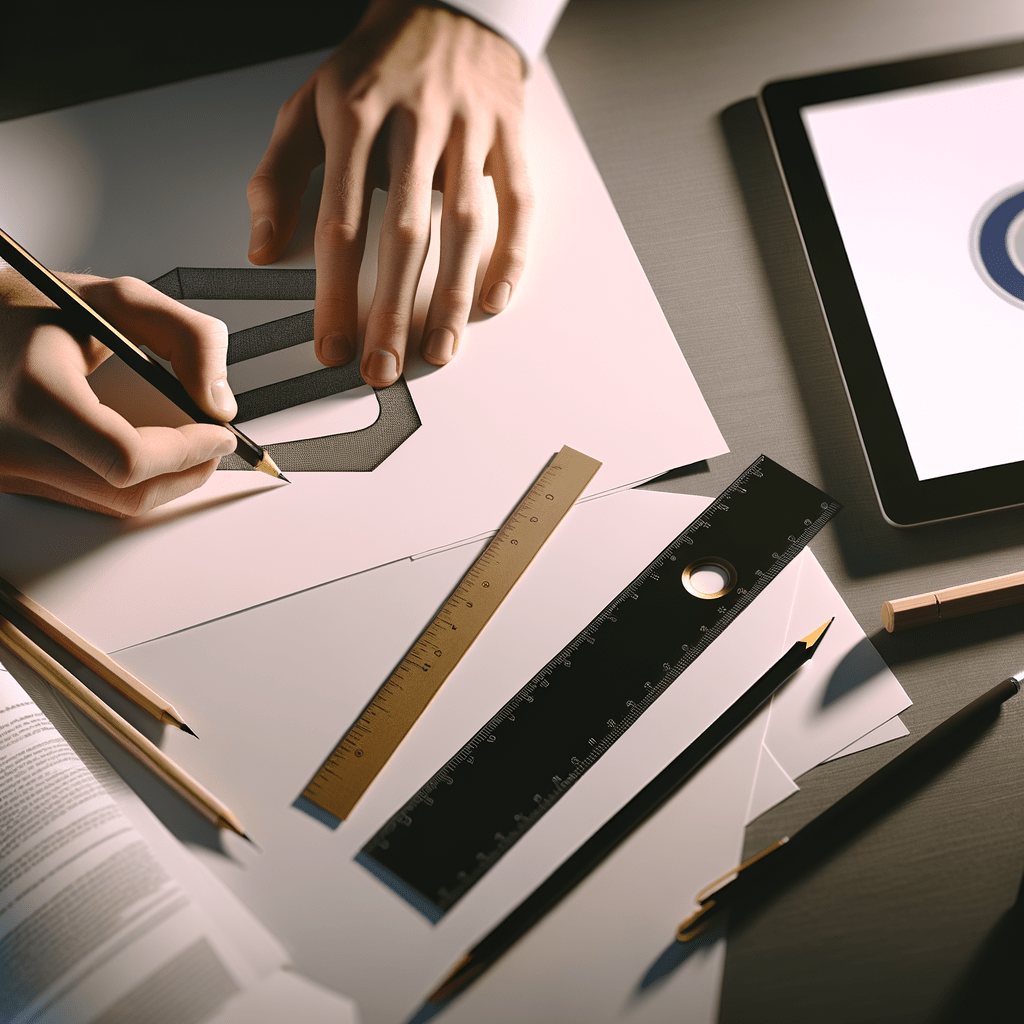 Mesa de designer com logo em criação, ferramentas de design e documento legal, destacando registro de marca e proteção criativa.