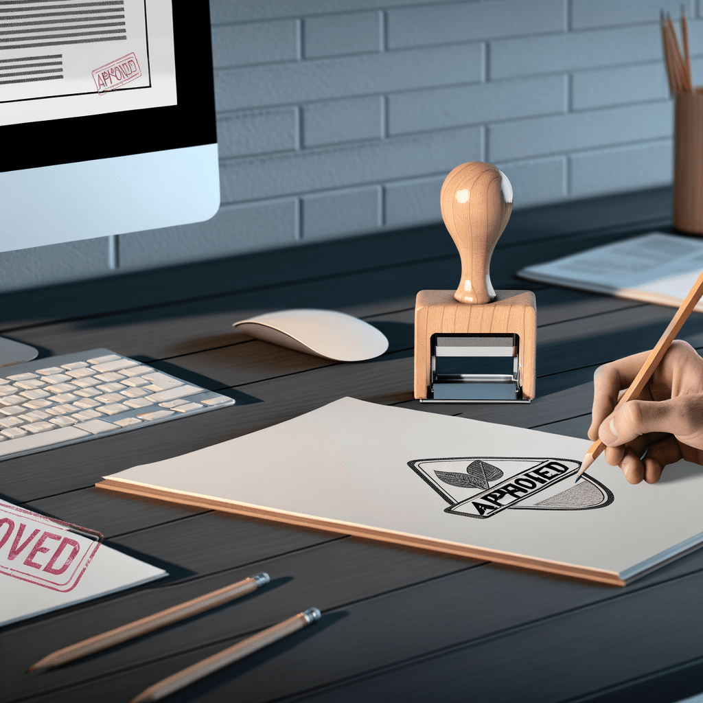 Mesa de escritório com ferramentas de design, esboço de logo, formulário de registro de marca na tela e carimbo
