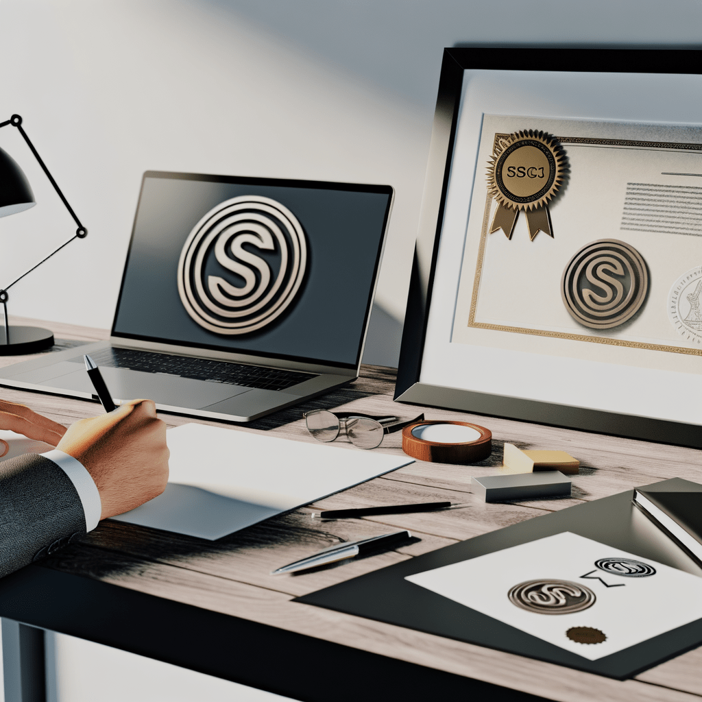 Designer criando logo em mesa moderna com laptop exibindo elementos de marca; certificado na parede destaca registro de marca e proteção legal.