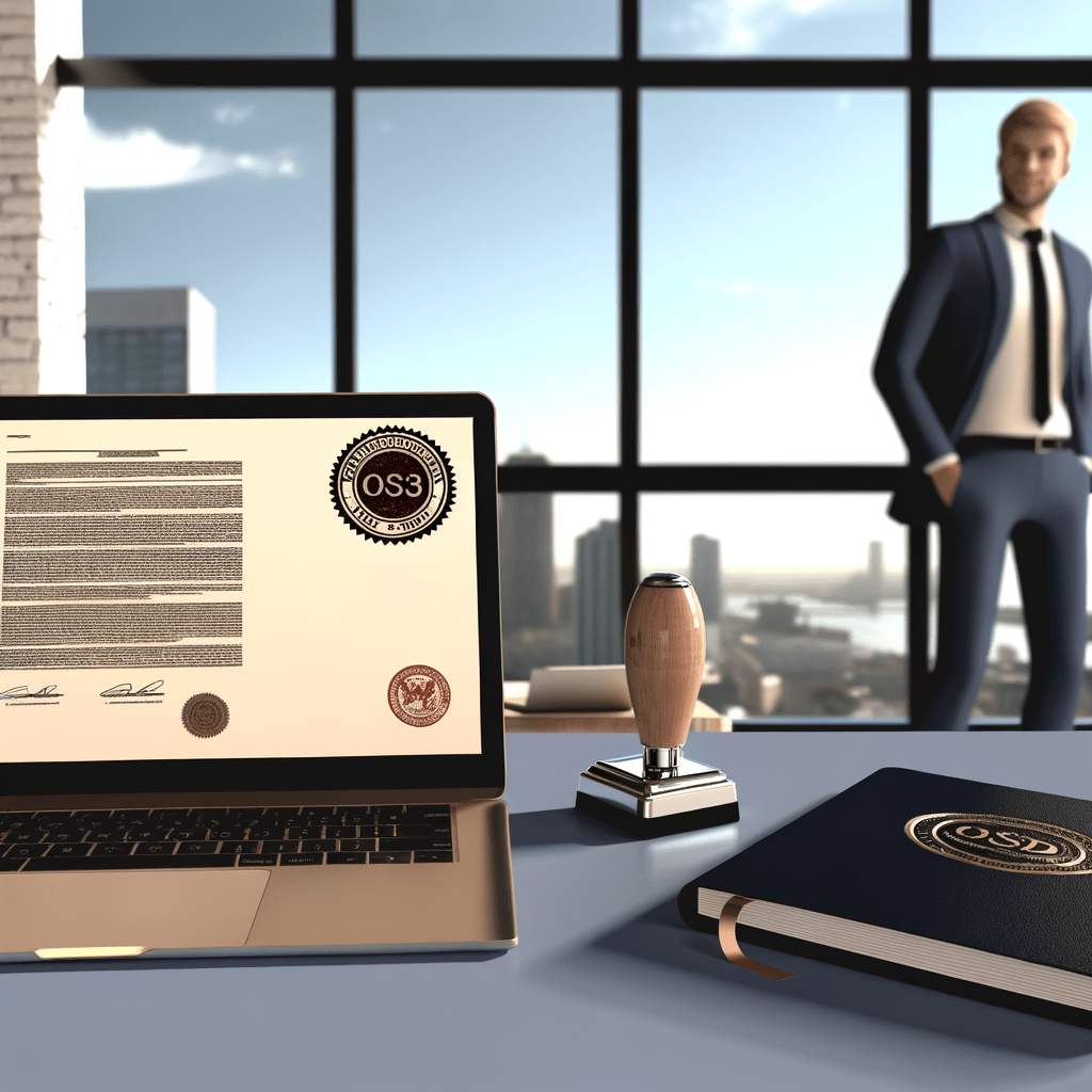Mesa profissional com laptop exibindo documento legal, caderno personalizado e carimbo de marca registrada; empresário confiante ao fundo.