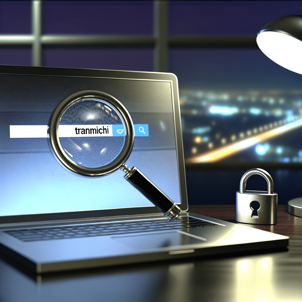 Laptop com logo registrado destacado por lupa, cadeado metálico ao lado, simbolizando segurança contra concorrência desleal.