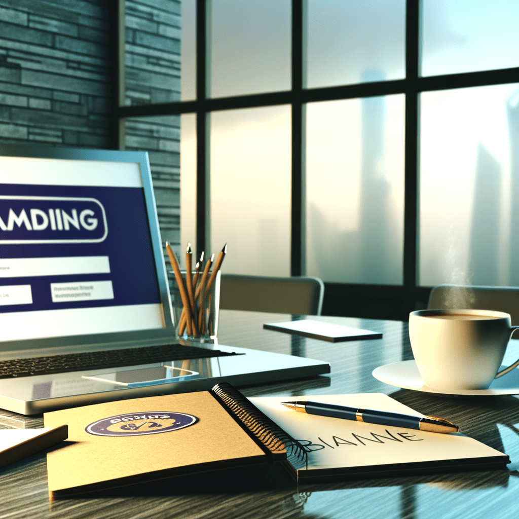 Mesa de escritório com materiais de branding e laptop aberto em site de registro de razão social.