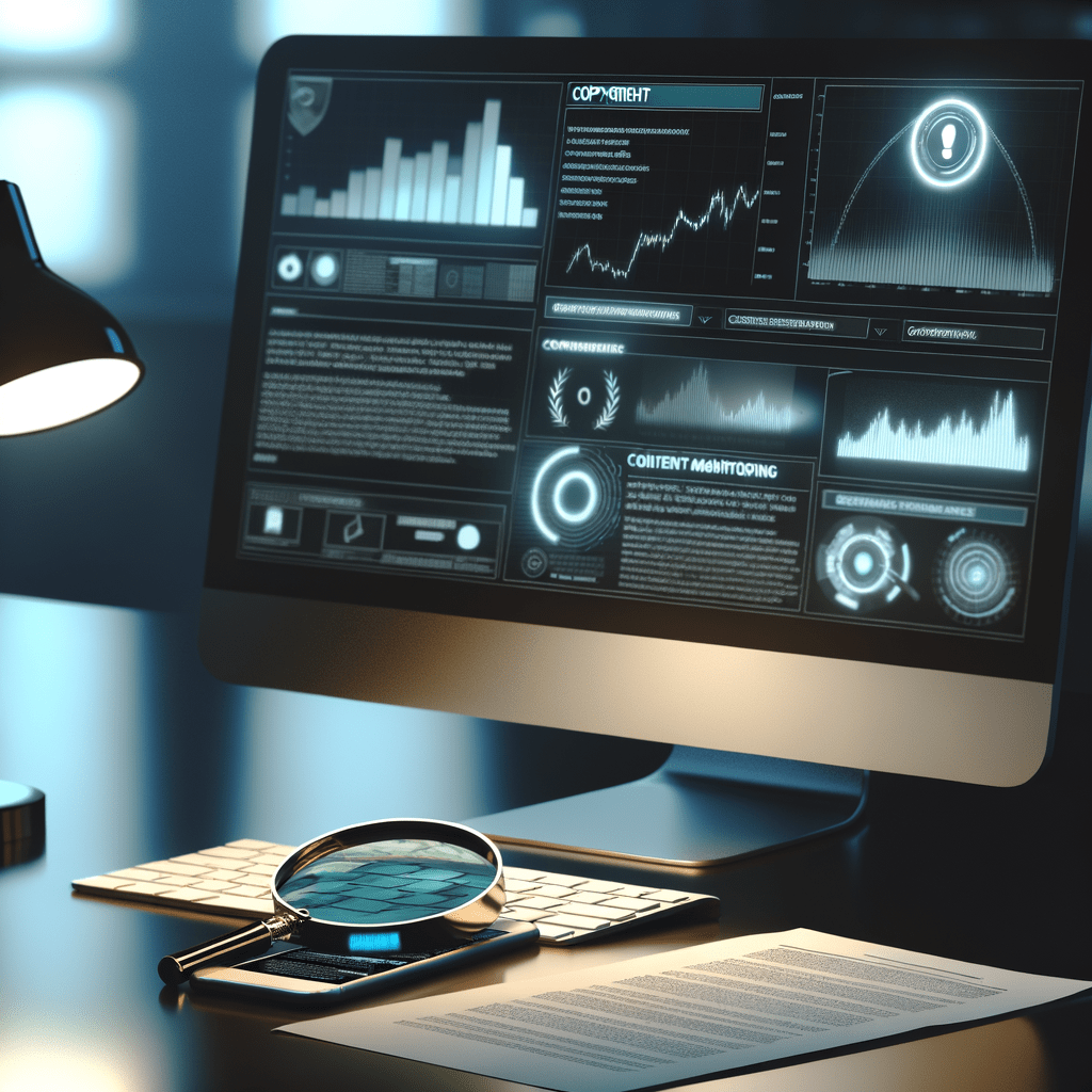 Computador com painel de monitoramento de direitos autorais, smartphone com alerta e lupa sobre documento destacado em ambiente profissional.
