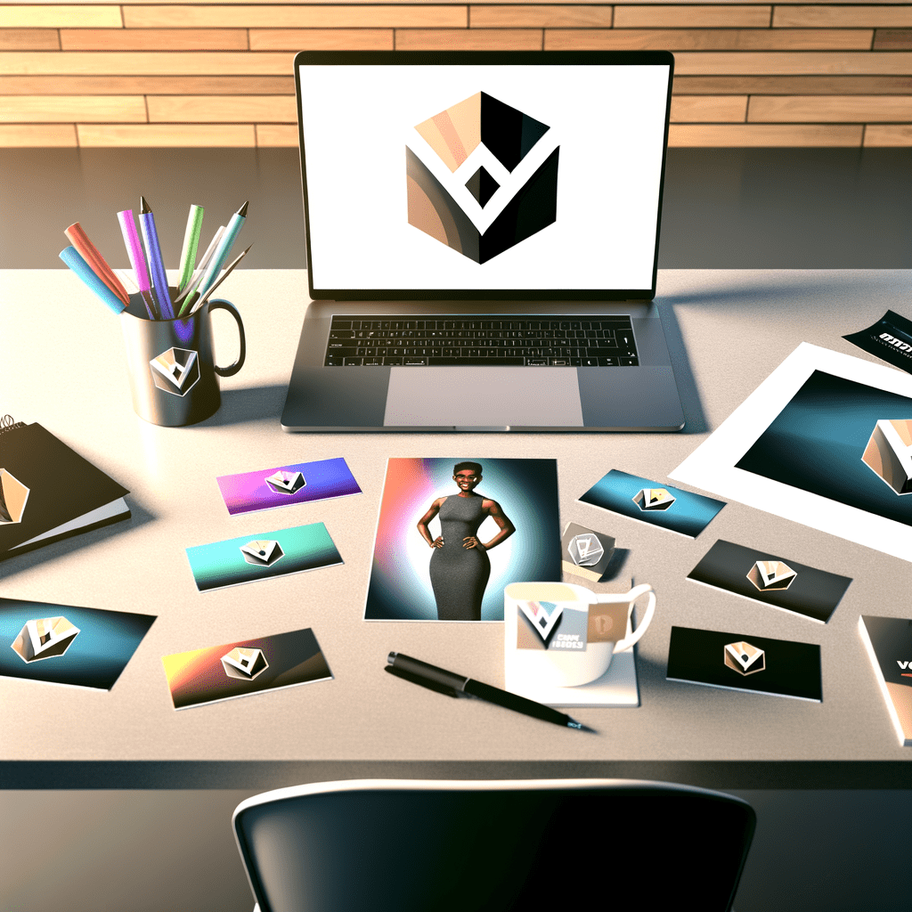 Mesa de escritório moderna com materiais de branding, como logo em laptop, cartões e caneca, destacando criatividade e registro de marca.