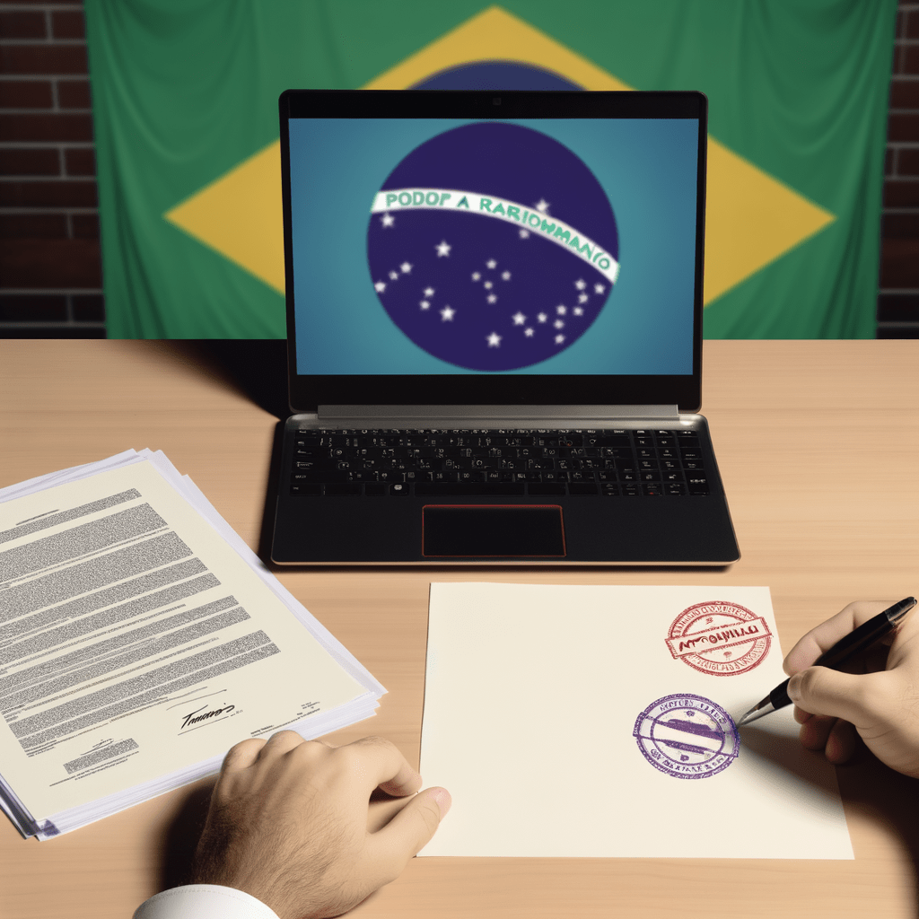 Advogado analisando documentos de registro de marca com laptop exibindo portal oficial e bandeira do Brasil ao fundo.