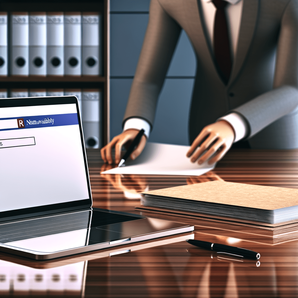 Mesa moderna com laptop exibindo barra de busca para nome de marca, documentos organizados e mãos ajustando papéis.
