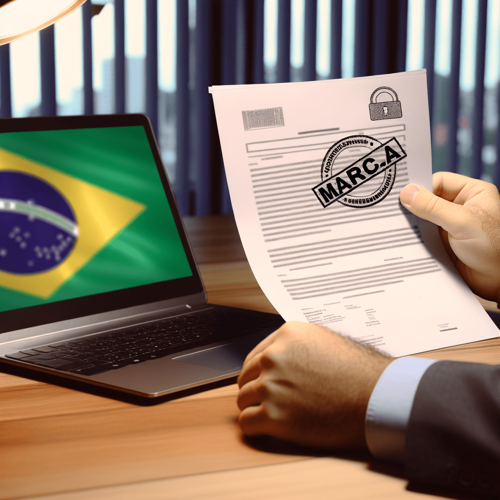 Documento registrado com carimbo sobre mesa de madeira, laptop com busca de