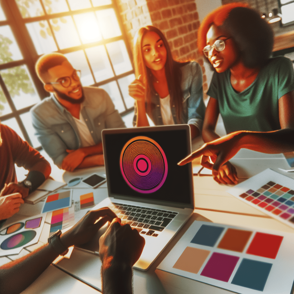 Equipe jovem em coworking discutindo registro de marca com laptop exibindo logo e materiais de branding.
