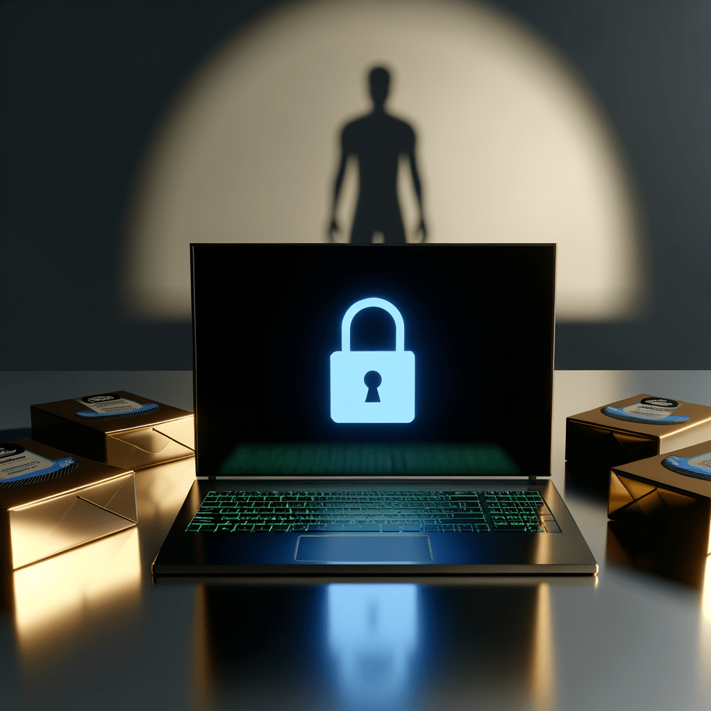 Laptop exibindo ícone de cadeado, embalagens de produtos e logo de marca, destacando segurança no e-commerce e registro de marca.