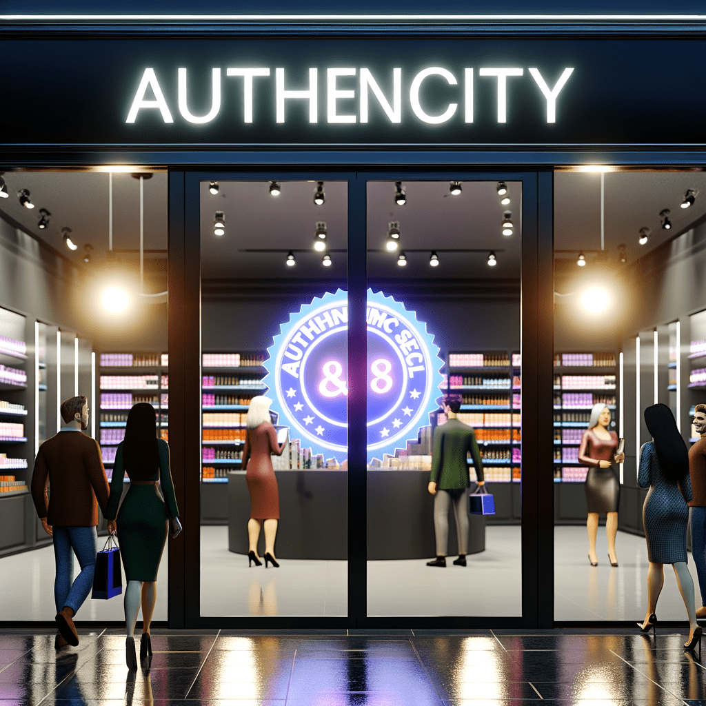 Fachada de e-commerce moderno com selo de autenticidade na porta, clientes satisfeitos e ambiente profissional que inspira confiança.