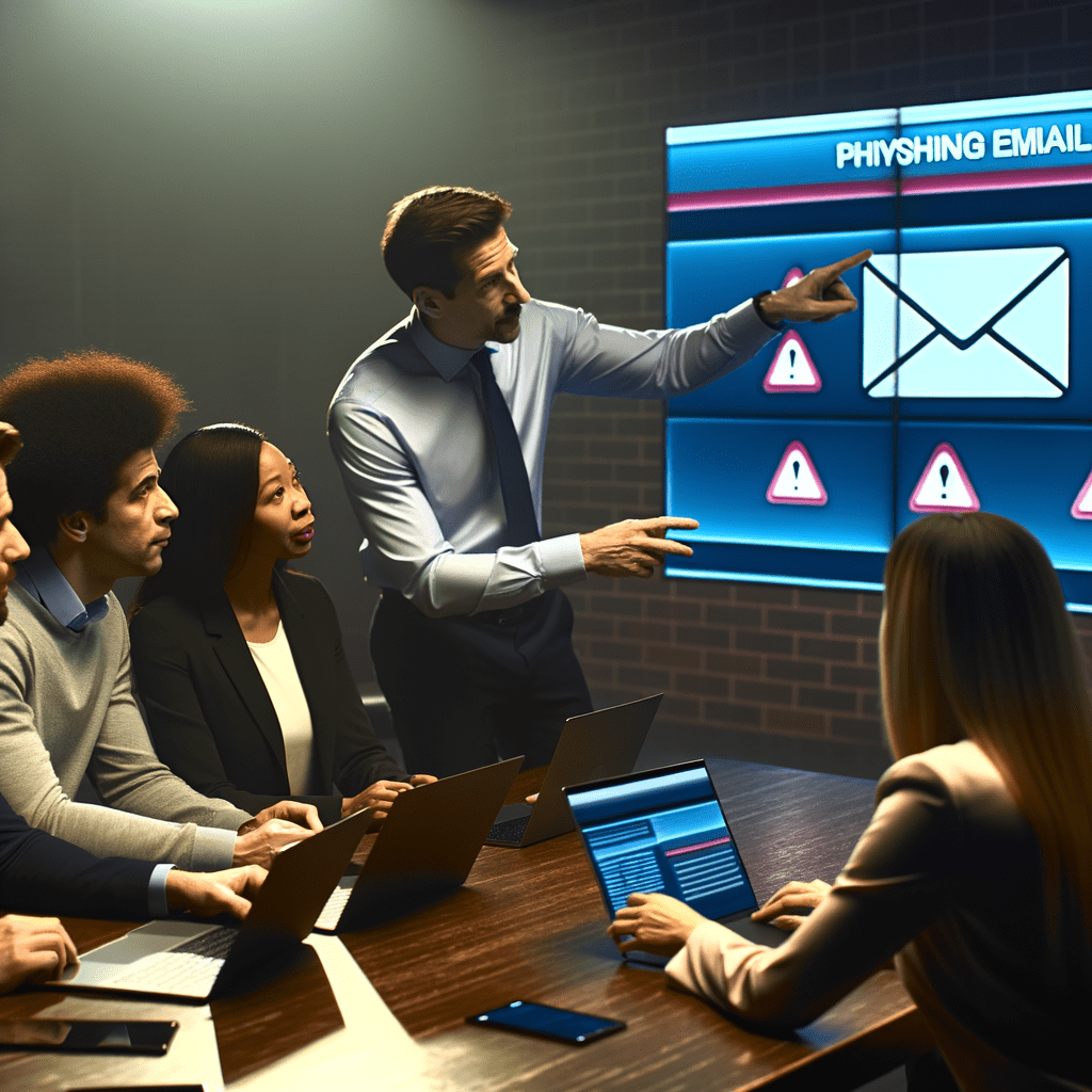 Equipe diversa em escritório analisando e-mail de phishing em tela grande, com especialista em cibersegurança explicando medidas preventivas.
